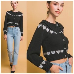 Anthro Galentine Heart Cardigan Sweater - Black & White